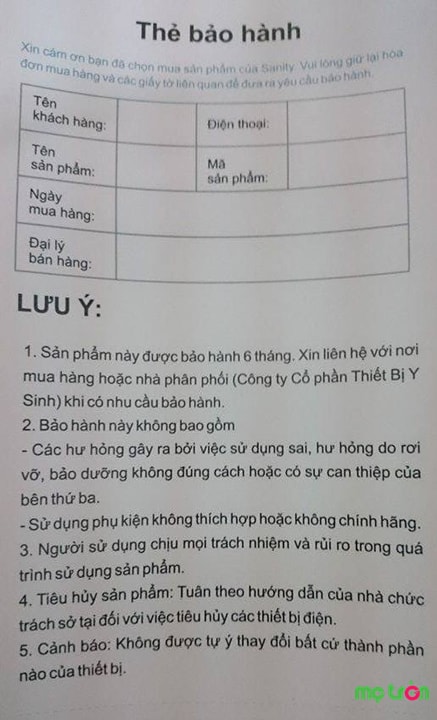 Thẻ bảo hành của máy hút sữa