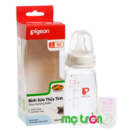 Bình sữa Pigeon 120ml (thủy tinh, không BPA) được làm bằng nhựa cao cấp, hợp vệ sinh, an toàn cho bé, có thể diệt khuẩn bằng lò vi sóng, dễ dàng sử dụng. Núm ty silicone có hệ thống van thông khí (AVS) giúp hạn chế tối đa sự đầy hơi khi bé nuốt phải bọt khí vào bụng.