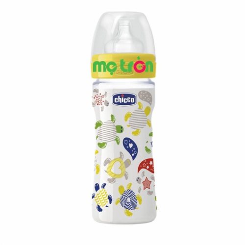 Bình sữa Wellbeing Chicco 250ml họa tiết rùa con có thể điều chỉnh dòng chảy