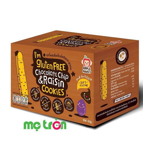 Bánh ăn dặm ngón tay gluten free Apple Monkey vị chocolate và nho khô  ít đường, không đậu phộng và đậu nành, không sữa, có bổ sung hạt nhỏ của chocolate và nho khô tạo cảm giác thích thú khi ăn và thích hợp cho bé trên 12 tháng tuổi.