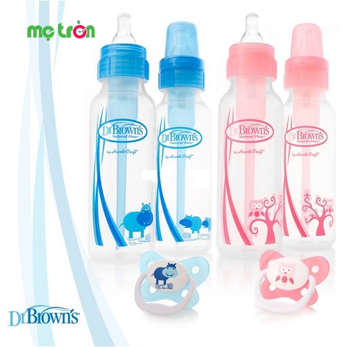 Combo 2 bình sữa 240ml cổ thường (Hippo hoặc Owl) và 1 ty ngậm 0-6 tháng